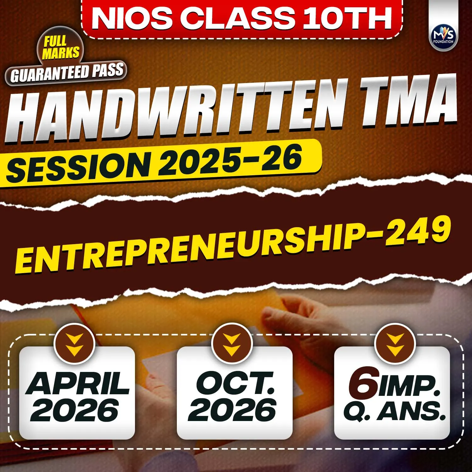 NIOS CLASS 10TH ENTREPRENEURSHIP (249) Handwritten SOLVED TMA In English Medium PDF SESSION 2025-26