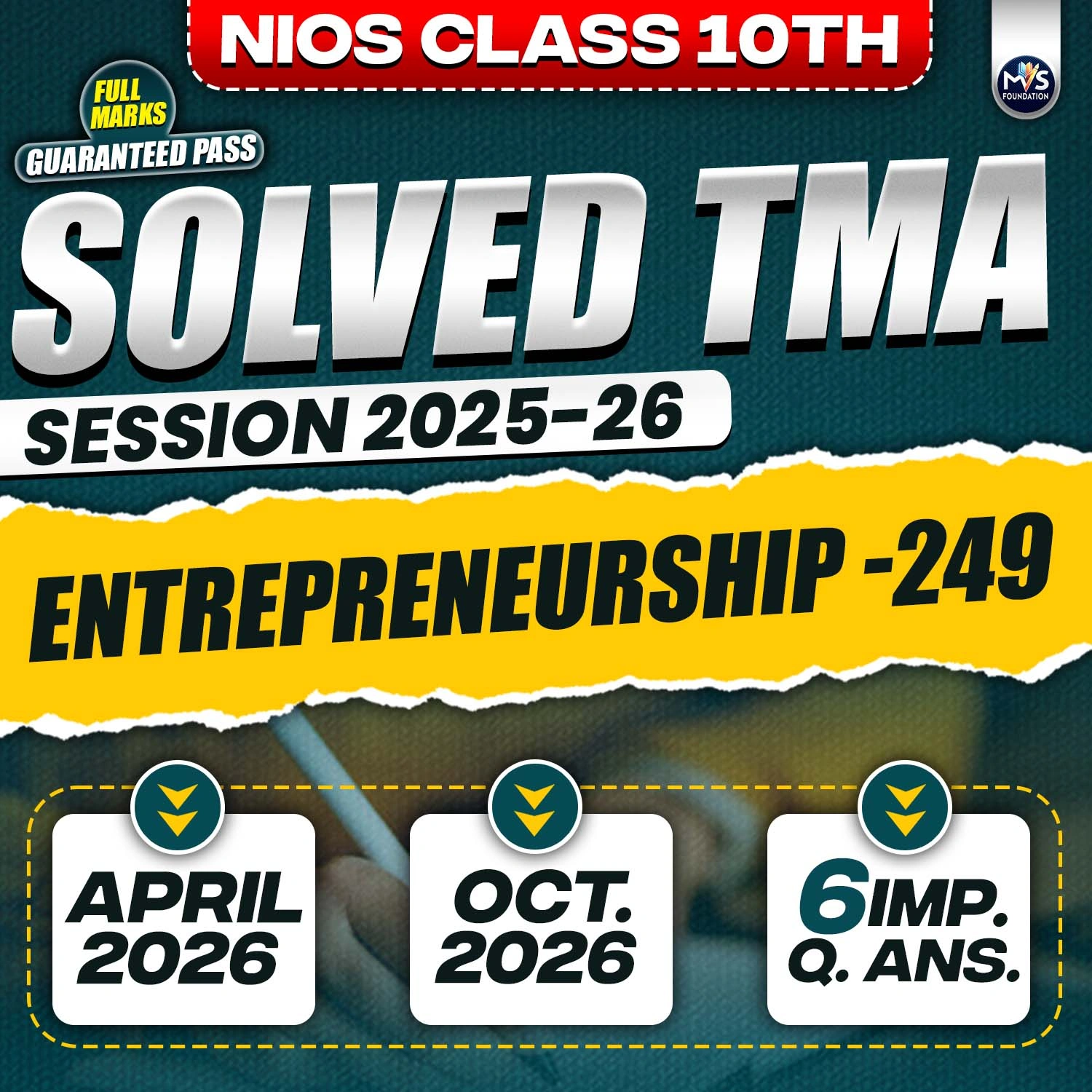 NIOS CLASS 10TH ENTREPRENEURSHIP (249) SOLVED TMA In Hindi Medium PDF SESSION 2024-25